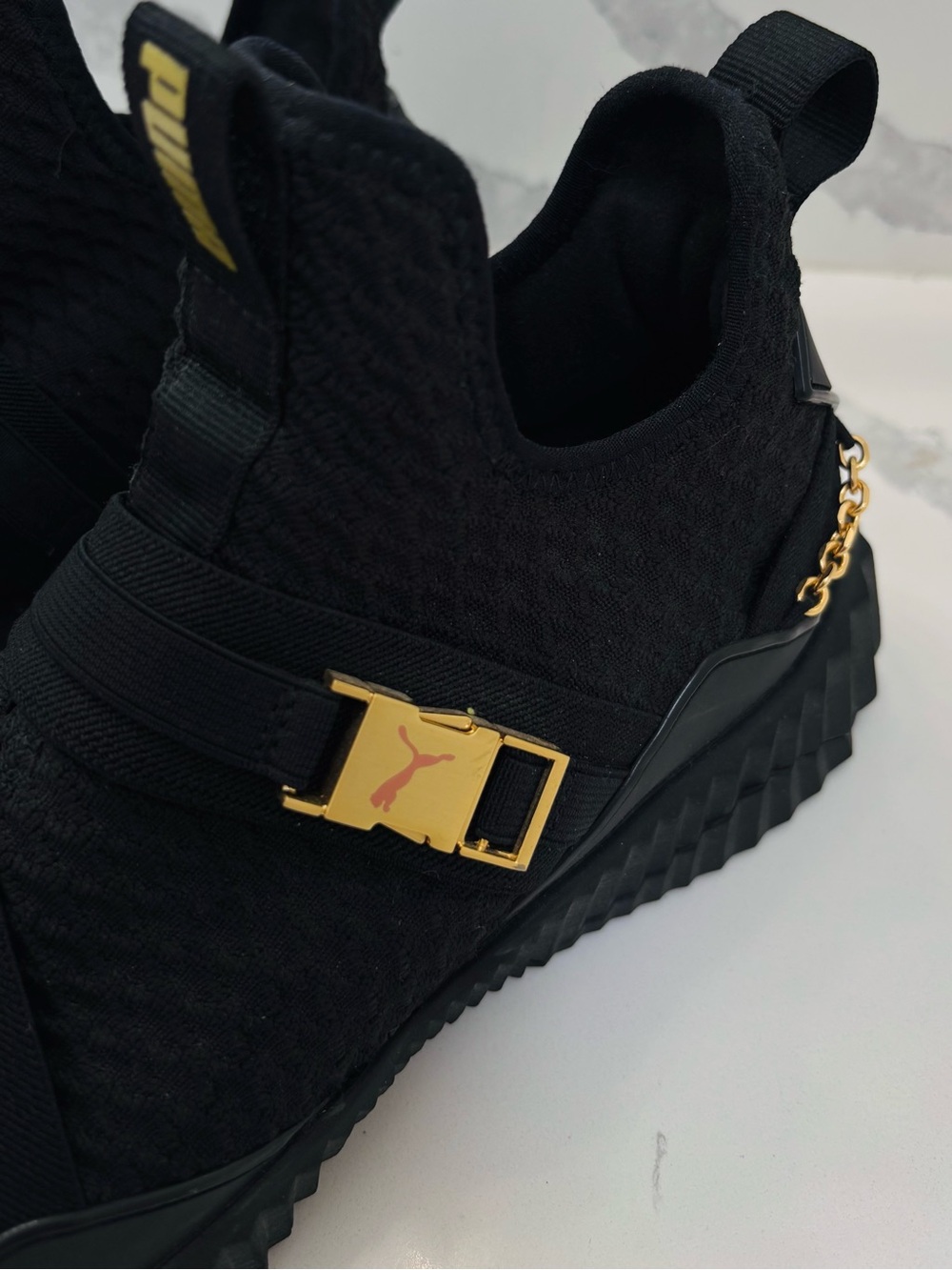 PUMA Women’s 10 Defy Mid Black Training Sneakers with Gold Buckle and Chain - Picture 3 of 8